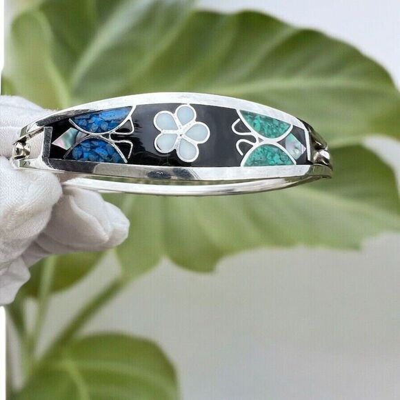 Vintage Alpaca Mexico Women's Bracelet Abalone‎ Shell Floral Silver Tone Signed - Picture 1 of 16